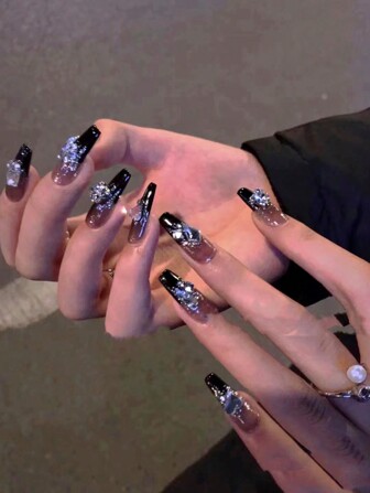 24入組中長款黑色假指甲套裝，漸變銀亮粉、香檳色鑽石、極光鑽石、果凍式可DIY貼式指甲+甲片美甲用品