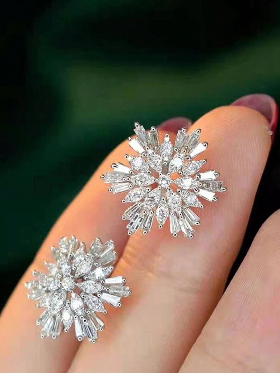 1對韓式時尚新娘CZ雪花耳環 女款甜美優雅耳飾 夏季節慶飾品 - 銀色 - 查看 1
