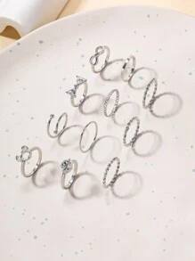 11 件套花朵和蝴蝶结水钻装饰永恒戒指 - 銀色 - 查看 4