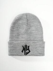 1pc Men's Knitted Hat With Embroidery, Suitable For Daily Wear - Grey - View 1