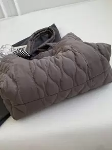 1个绗缝大容量单肩手提包，适合女性日常使用、工作通勤、上学、大学生使用，轻便可折叠短途旅行包，拉链封口，苔藓绿 - 深灰色 - 查看 9