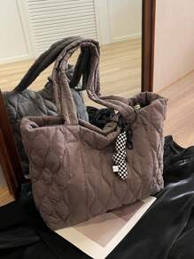 1个绗缝大容量单肩手提包，适合女性日常使用、工作通勤、上学、大学生使用，轻便可折叠短途旅行包，拉链封口，苔藓绿 - 深灰色 - 查看 13