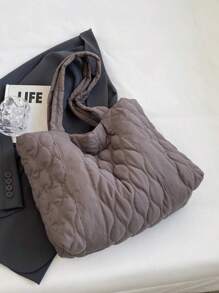 1个绗缝大容量单肩手提包，适合女性日常使用、工作通勤、上学、大学生使用，轻便可折叠短途旅行包，拉链封口，苔藓绿 - 深灰色 - 查看 10