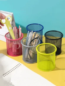Porta-lápices Redondo De Malla Con Colores Variados, Organizador De Escritorio Para Oficina / Escritorio Escolar, Contenedor Multifuncional De Lápices - Negro - Ver 3