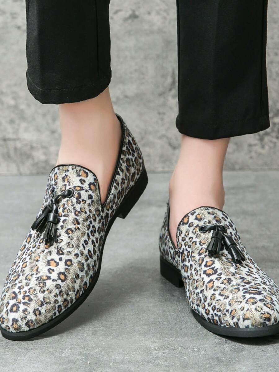 Men's Loafers, Leopard Print Shoes - Black and White - View 1