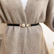 1条女士棕色细腰带，仿珍珠装饰，复古优雅束腰，适合搭配新款西装、毛衣。百搭黑色腰带，适合日常通勤使用，夏季、秋季、万圣节