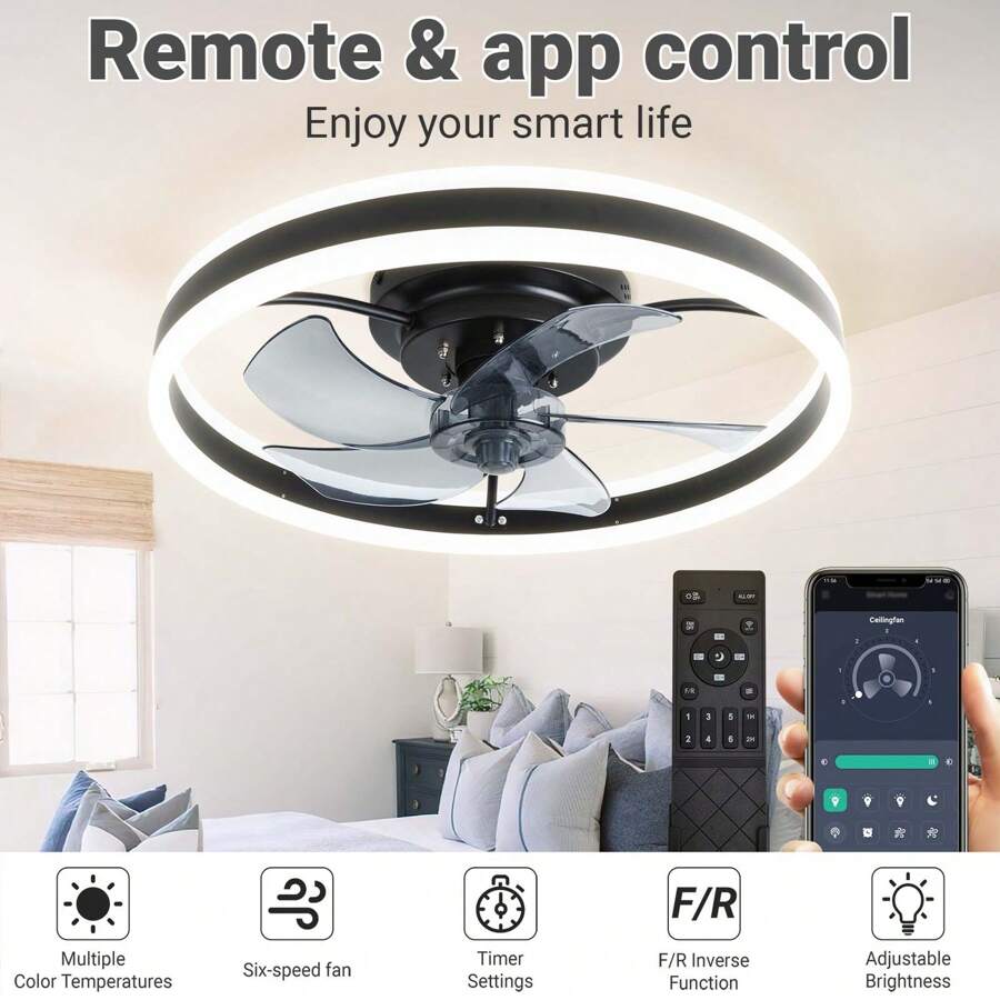 Flush Mount Ceiling Fan with Lights Remote Control, Low Profile Ceiling