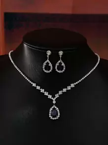 1 套优雅简约正式项链和耳环新娘首饰套装 - 銀色 - 查看 2