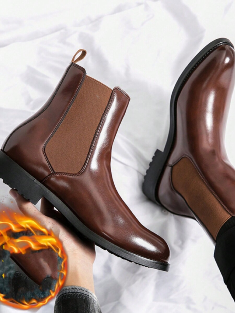 Men Black PU Leather Ankle Boots Warm Lining Chelsea Boots Western