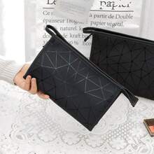 Waterproof Large Capacity Pu Geometric Print Cosmetic Bag, Durable And Portable Makeup Bag Make Up Organizer Toiletry Bag Makeup Storage Cosmetic Bag Wash Bag for Travel Back to School Bathroom Dorm Essentials Travel Essentials Men Toiletry Bag - Black - View 3