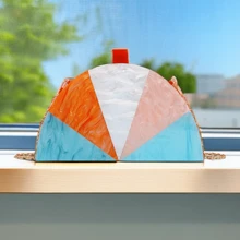 女士亞克力彩色半圓形手拿包,適用於派對 - 橘色 - 查看 1