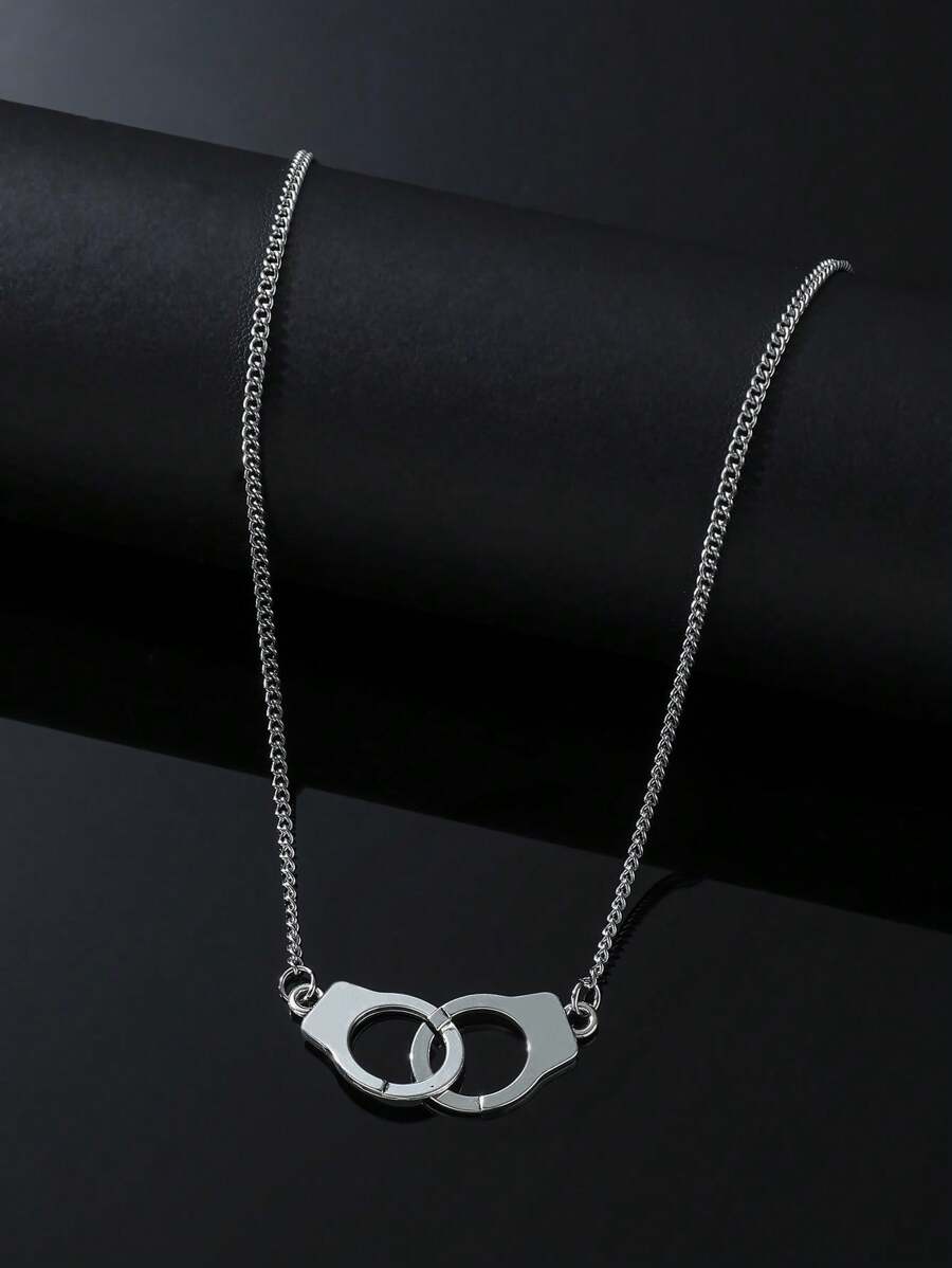 時尚流行男士手銬吊墜項鍊不銹鋼朋克嘻哈風格適合珠寶禮物和時尚外觀 - 銀色 - 查看 1