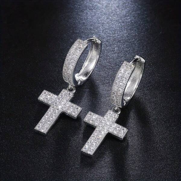 1 Par De Pendientes Colgantes De Cruz De Doble Hilera Con Microincrustaciones En Forma De S, Pendiente De Tuerca Para Hombre Estilo Hip-hop