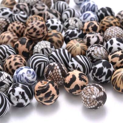 10 顆/包 15 毫米彩色印花矽膠珠,豹紋矽膠珠