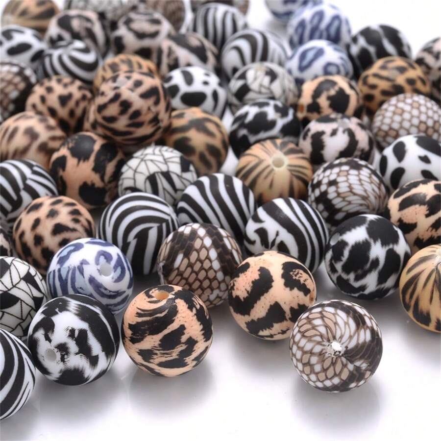 10顆 15mm 彩色矽膠水轉印珠,豹紋迷彩矽膠珠,隨機顏色 - 彩色 - 查看 1