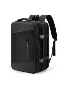 可擴展旅行背包男女通用筆記本電腦包,休閒大容量背包純色筆記本電腦收納袋,適用於工作、通勤、旅行 - 黑色 - 查看 2