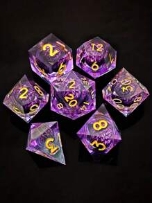 Joylord 液體核心 D&d 骰子套裝 - 7 件流沙鋒利邊緣多面體骰子花朵設計 - 龍與地下城骰子套裝適用於 D&d Rpg - D20  D10 D8 D6 D4 樹脂骰子 - 紫色 - 查看 5