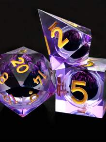 Joylord 液體核心 D&d 骰子套裝 - 7 件流沙鋒利邊緣多面體骰子花朵設計 - 龍與地下城骰子套裝適用於 D&d Rpg - D20  D10 D8 D6 D4 樹脂骰子 - 紫色 - 查看 2