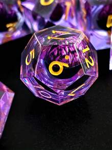 Joylord 液體核心 D&d 骰子套裝 - 7 件流沙鋒利邊緣多面體骰子花朵設計 - 龍與地下城骰子套裝適用於 D&d Rpg - D20  D10 D8 D6 D4 樹脂骰子 - 紫色 - 查看 1