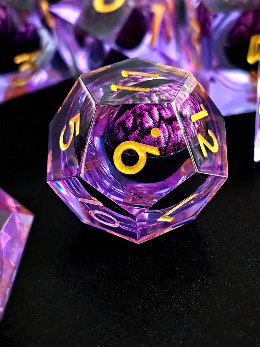 Joylord 液體核心 D&d 骰子套裝 - 7 件流沙鋒利邊緣多面體骰子花朵設計 - 龍與地下城骰子套裝適用於 D&d Rpg - D20  D10 D8 D6 D4 樹脂骰子 - 紫色 - 查看 1
