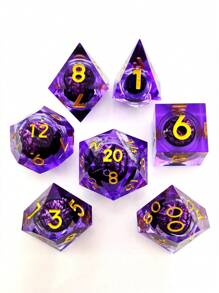 Joylord 液體核心 D&d 骰子套裝 - 7 件流沙鋒利邊緣多面體骰子花朵設計 - 龍與地下城骰子套裝適用於 D&d Rpg - D20  D10 D8 D6 D4 樹脂骰子 - 紫色 - 查看 4