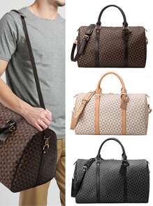 2023 時尚防水 PU 健身手提包，男士皮革單肩包男士商務大號旅行行李箱包，經典包，皮革旅行包，適合戶外或旅行 - 黑色 - 查看 1