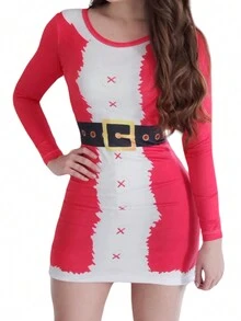 Santa Claus Christmas Dress, Short Pencil Cut Long Sleeve - Red - View 2