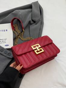 1 件纯色 PU 面料单肩包，菱格绗缝刺绣图案，酒红色 Ancora，金属链带，翻盖开合，适合购物、约会、送给女性、青少年、大学生、初学者和办公室女士的礼物，非常适合办公室、校园、工作、商务、通勤，时尚的酒红色包 - 紅色 - 查看 7