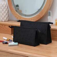 Waterproof Large Capacity Pu Geometric Print Cosmetic Bag, Durable And Portable Makeup Bag Make Up Organizer Toiletry Bag Makeup Storage Cosmetic Bag Wash Bag for Travel Back to School Bathroom Dorm Essentials Travel Essentials Men Toiletry Bag - Black - View 6