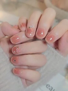 24入組短方形3d山茶花腮紅指甲貼片,附送1支指甲修護文件和1支果凍凝膠 - 彩色 - 查看 1