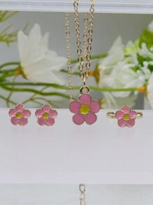 4 件/組粉紅油滴櫻花吊墜項鍊、戒指、耳環組合套裝。非常適合節日禮物