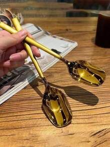 1pc Stainless Steel Lantern Shaped Long Handled Dessert Stirring Spoon For Home Use - Gold - View 2