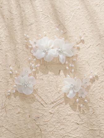 3pcs/Set Ladies' Lace Flower Hair Accessories, Including 1 Hair Comb And 2 Hair Forks For Updo Hairstyles Elegant Valentine's Day