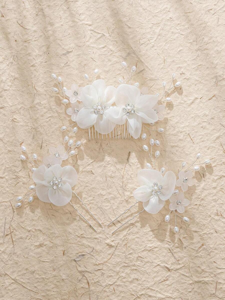 3pcs/Set Ladies' Lace Flower Hair Accessories, Including 1 Hair Comb And 2 Hair Forks For Updo Hairstyles Elegant Valentine's Day,Wedding Hair Accessories