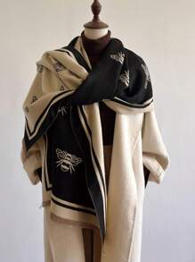 1 pieza Cálida bufanda/chal de mujer de doble cara con estampado de abeja de imitación de cachemira en negro y beige para uso diario en otoño e invierno - Multicolor - Ver 4
