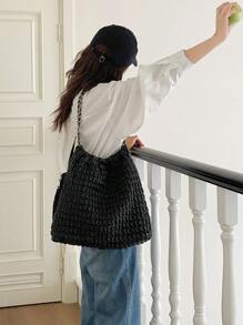 新款時尚休閒褶皺手提袋,大容量水桶包適用於通勤 - 黑色 - 查看 1