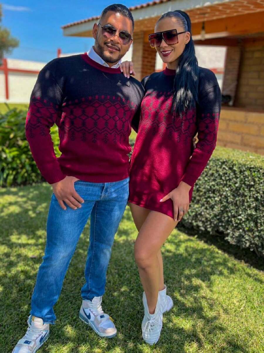 Duo Conjunto Pareja Novios Navidad Pinos Sweater Vestido Mujer Hombre Jerséis - Negro - Ver 1