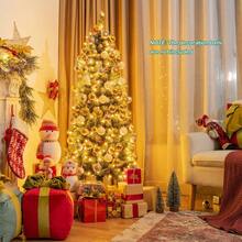 7ft Pre-lit Artificial Hinged Pencil Christmas Tree Decorated Snow Flocked Tips - Green - View 2