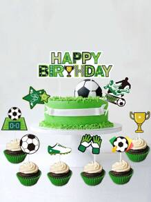 17pcs/Set Football Theme Design Cake Topper, Cupcake Decoration Supplies Cake Inserts For Children's Holiday Birthday Party,Christmas - Green - View 1