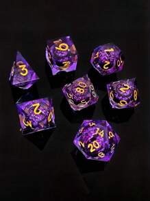 Joylord 液體核心 D&d 骰子套裝 - 7 件流沙鋒利邊緣多面體骰子花朵設計 - 龍與地下城骰子套裝適用於 D&d Rpg - D20  D10 D8 D6 D4 樹脂骰子 - 紫色 - 查看 7