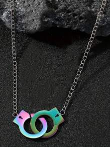 時尚流行男士手銬吊墜項鍊不銹鋼朋克嘻哈風格適合珠寶禮物和時尚外觀 - 銀色 - 查看 3