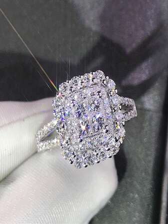 1 pieza Anillo de mujer con decoración de diamantes de imitación completo y lujoso estilo de novia de moda, adorno de mano estilo princesa real