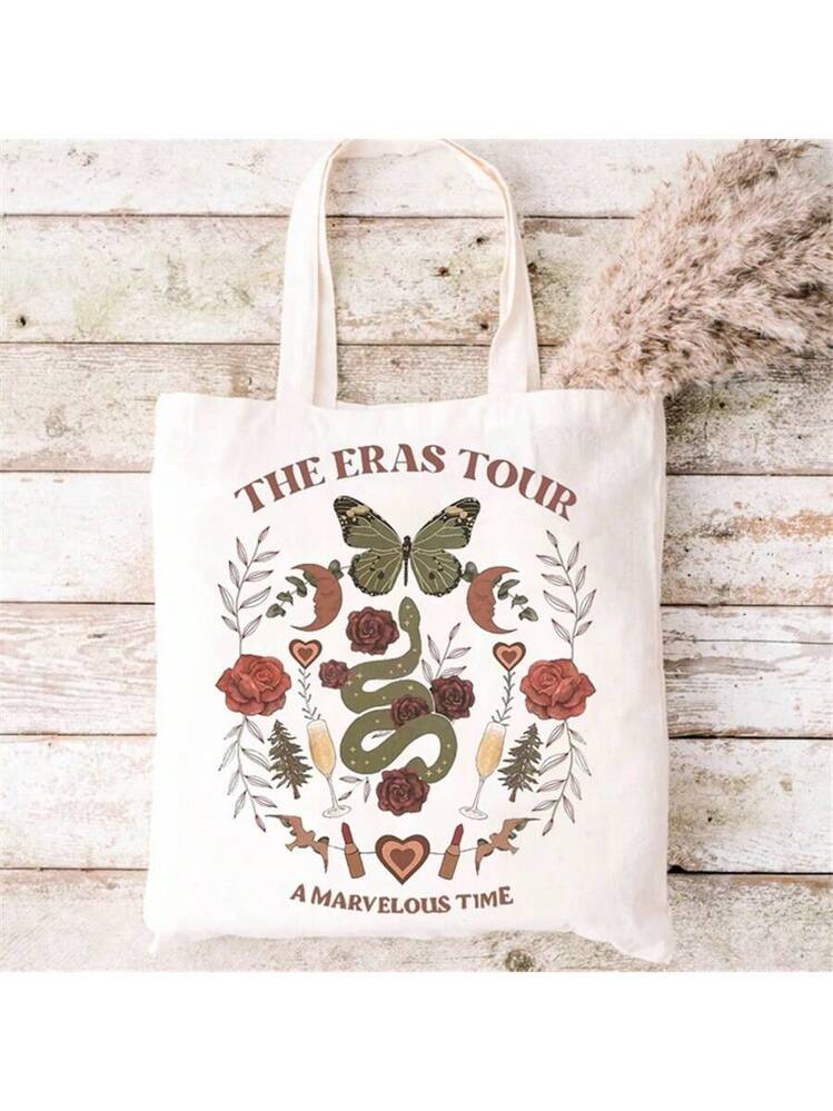 Canvas Tote Bag, Butterfly Snake Print Shoulder Bag, Music Style