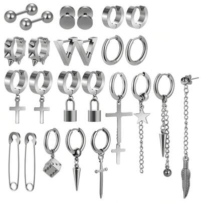 16 models Men's silver Cross Dangle Earrings Stainless Steel Long Chain Piercing Hoop Earrings Set For Men And Women