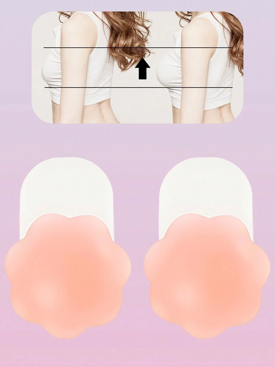 2 件花卉图案可重复使用乳贴，可洗液体硅胶乳贴，粉色 - 粉色 - 查看 1