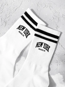 2 双男士中筒袜，印有“new York”字母，黑白条纹，防臭吸湿，时尚休闲圆领袜，适合日常生活，秋季 - 黑與白 - 查看 6