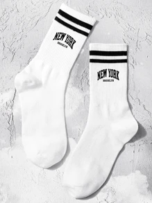 2 双男士中筒袜，印有“new York”字母，黑白条纹，防臭吸湿，时尚休闲圆领袜，适合日常生活，秋季 - 黑與白 - 查看 2