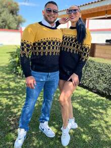 Duo Conjunto Pareja Novios Navidad Pinos Sweater Vestido Mujer Hombre Jerséis - Mostaza Amarilla - Ver 1