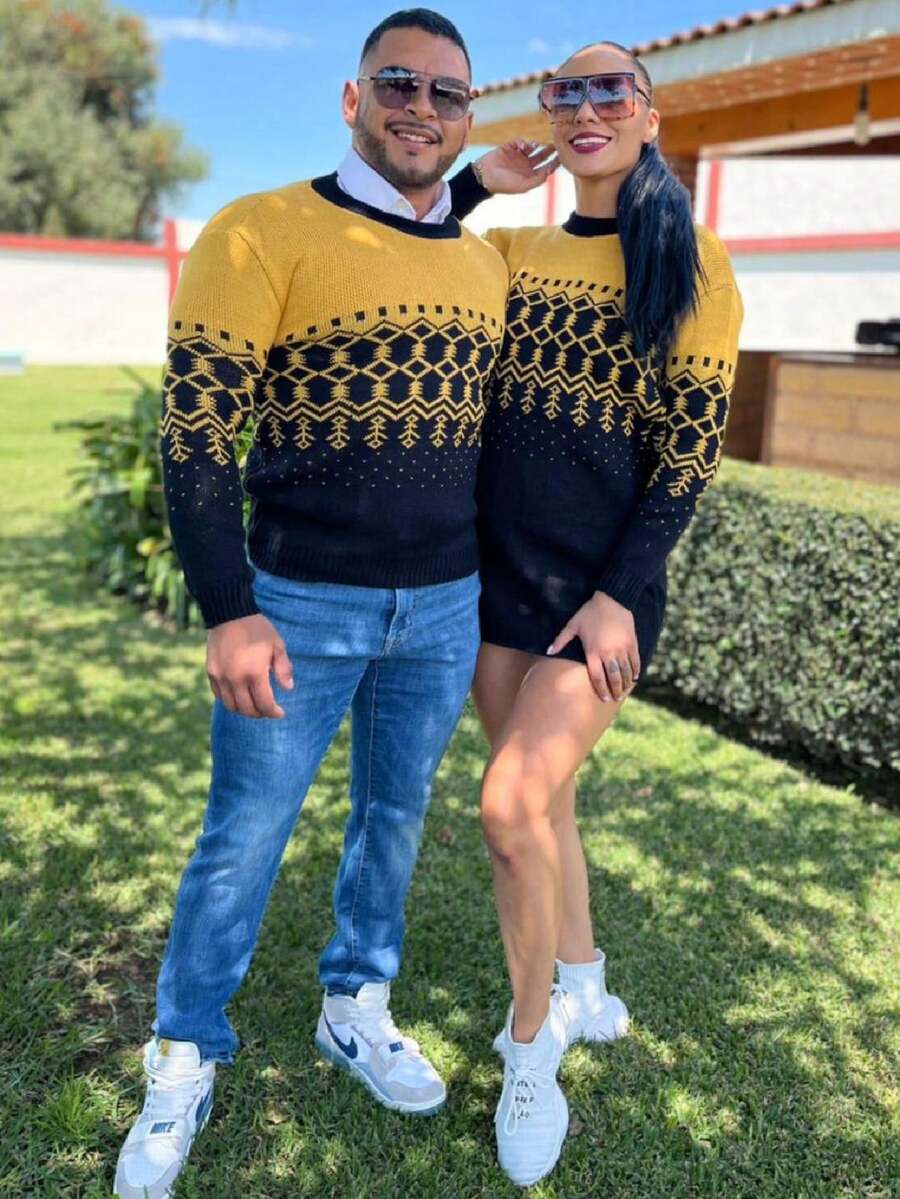 Duo Conjunto Pareja Novios Navidad Pinos Sweater Vestido Mujer Hombre Jerséis - Mostaza Amarilla - Ver 1