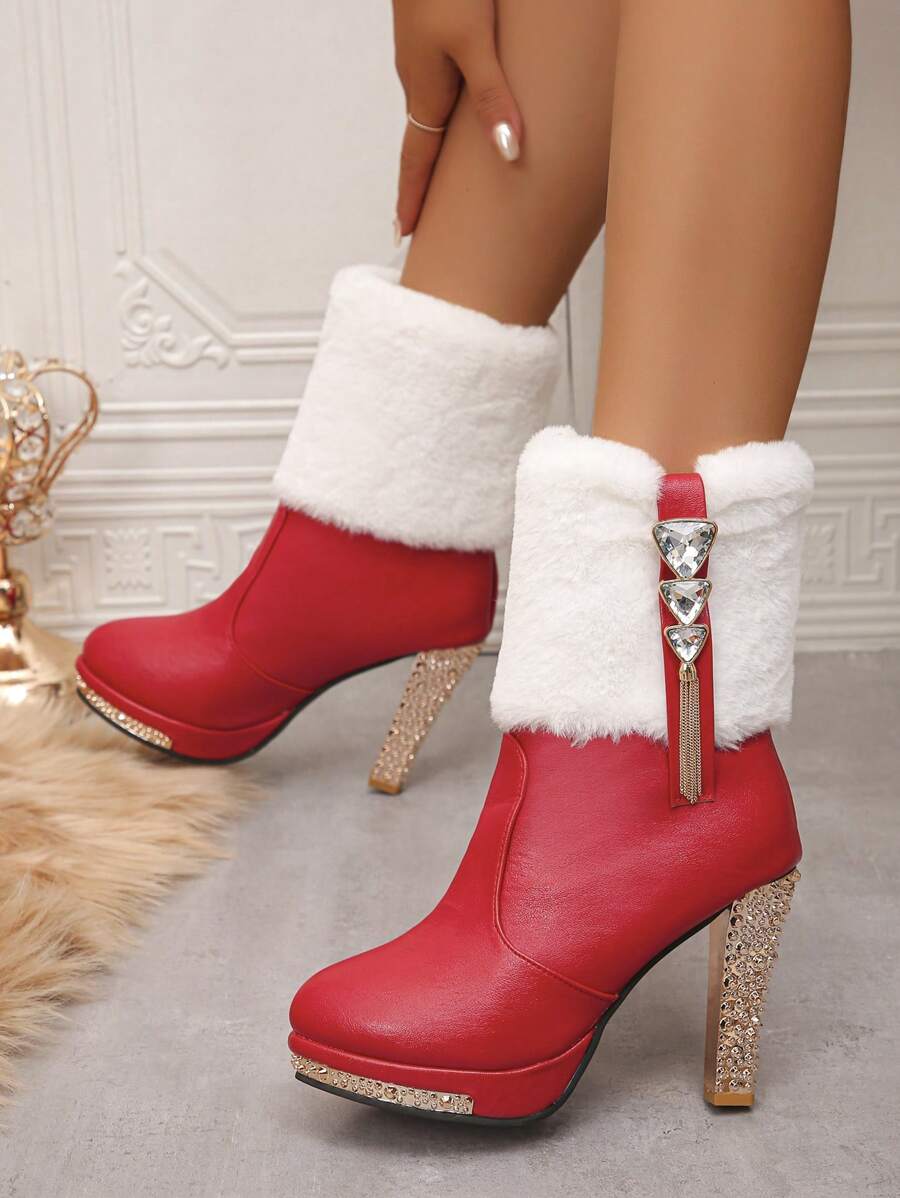 女士金屬高跟鞋，心形鑽石流蘇吊飾高跟靴，時尚紅色靴子